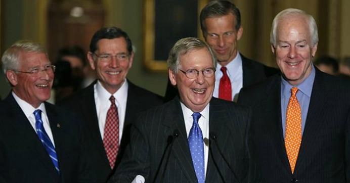 Senate Majority Leader Mitch McConnell, center, with fellow Republican leadership on Capitol Hill.