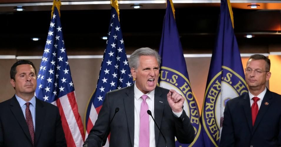 Rep. Kevin McCarthy (R-Calif.), speaks at a press conference while Reps. Devin Nunes (R-Calif.) and Doug Collins (R-Ga.) listen on July 24, 2019 in Washington, D.C. (Photo: Alex Wroblewski/Getty Images)