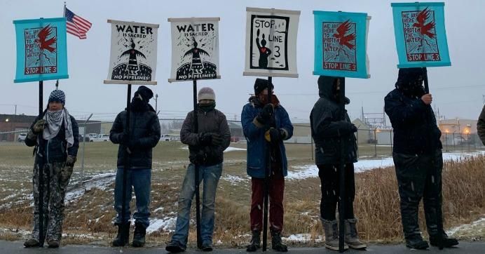 Water protectors on Monday blocked the entrance to an Enbridge terminal in Minnesota to display ongoing opposition to the proposed Line 3 tar sands project.