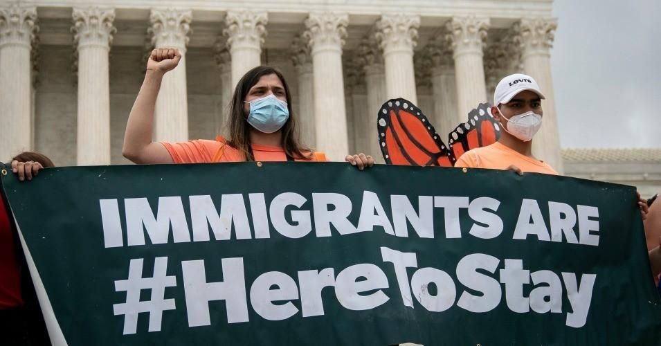 DACA recipients and their supporters rally outside the U.S. Supreme Court on June 18, 2020 in Washington, D.C.