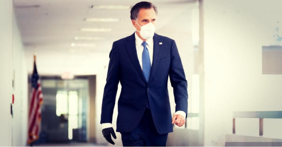 U.S. Senator Mitt Romney (R-Utah) wearing a face mask as a preventive measure walks towards the Republican caucus launch. (Photo illustration: Photo by Michael Brochstein/Echoes Wire/Barcroft Media via Getty Images)