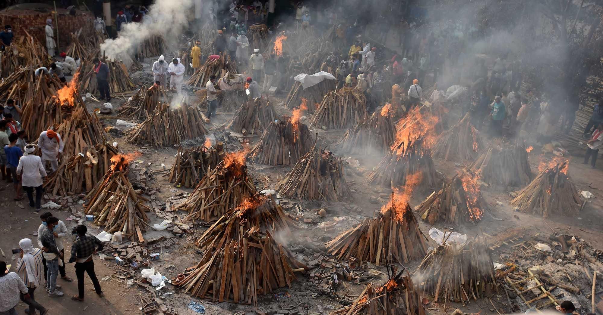 A view of mass cremation of Covid-19 victims at Gazipur crematorium on April 28, 2021 in New Delhi, India. 