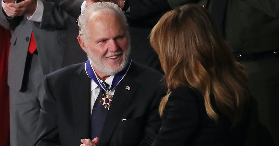Radio personality Rush Limbaugh reacts after First Lady Melania Trump gives him the Presidential Medal of Freedom during the State of the Union address in the chamber of the U.S. House of Representatives on February 04, 2020.