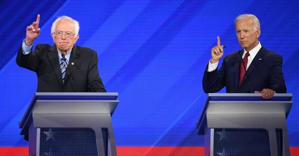 Democratic presidential hopefuls Sen. Bernie Sanders (I-Vt.) and former Vice President Joe Biden speak during the third Democratic primary debate of the 2020 presidential campaign season at Texas Southern University in Houston on September 12, 2019.