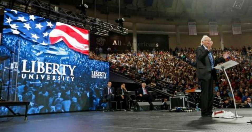 Democratic presidential candidate Sen. Bernie Sanders gives a speech at Liberty University in Lynchburg, Va., Monday. (Photo: Steve Helber /AP)