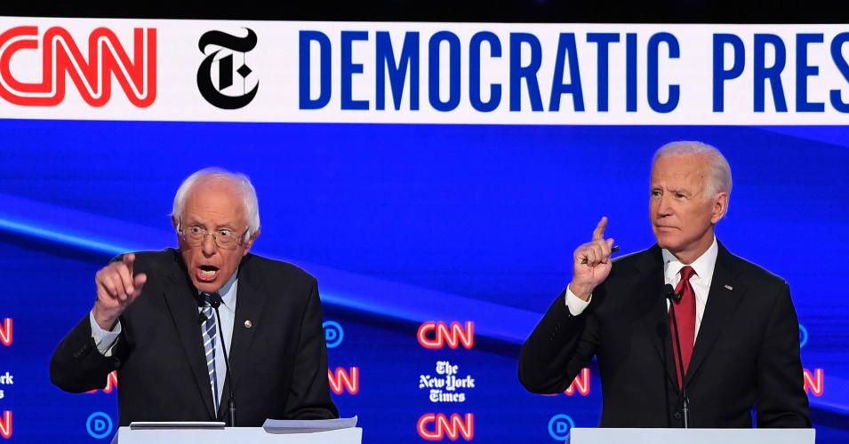 Democratic presidential hopefuls Vermont Senator Bernie Sanders (L) and former US Vice President Joe Biden participate during the fourth Democratic primary debate of the 2020 presidential campaign season co-hosted by The New York Times and CNN at Otterbein University in Westerville, Ohio on October 15, 2019. (Photo: Saul Loeb/AFP/Getty Images)