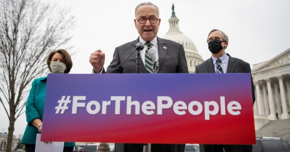 Senate Majority Leader Chuck Schumer (D-N.Y.), joined by Sen. Amy Klobuchar (D-Minn.) and Sen. Jeff Merkley (D-Ore.), speaks during a news conference to announce the introduction of S. 1, the For the People Act, in Washington, D.C. on Wednesday, March 17, 2021. (Photo: Caroline Brehman/CQ-Roll Call, Inc via Getty Images)