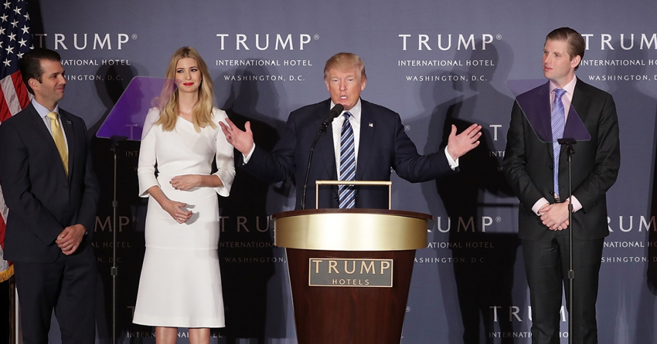 Then-Republican presidential nominee Donald Trump delivered remarks with his children—from left, Donald Trump Jr., Ivanka Trump, and Eric Trump—during the grand opening ceremony of the new Trump International Hotel in Washington, D.C. on Oct. 26, 2016. (Photo: Chip Somodevilla/Getty Images)