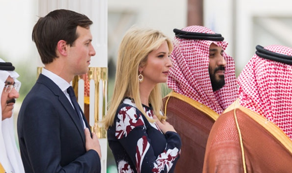 Top advisor Jared Kushner, his wife Ivanka Trump, and Saudi Crown Prince Mohammed bin Sulman (MbS) in this White House photo.