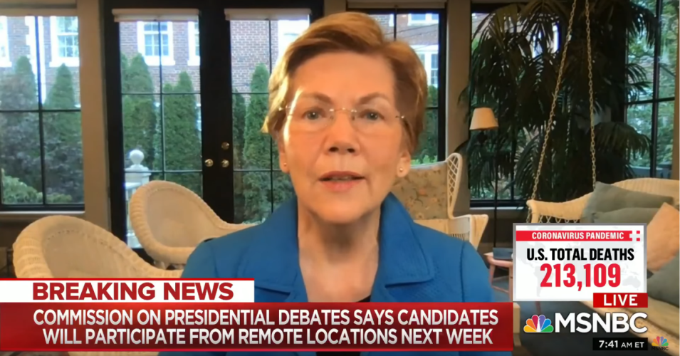 Sen. Elizabeth Warren (D-Mass.) appeared on MSNBC Thursday morning to discuss the presidential race. (Photo: MSNBC/YouTube)