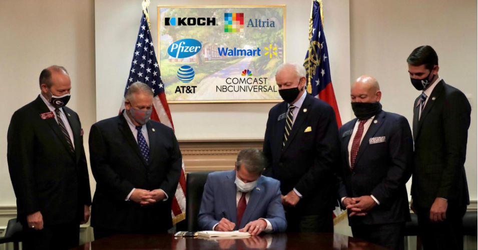The cover of the new report from Public Citizen—titled "The Corporate Sponsors of Voter Suppression"—features a photoshopped version of an image of Georgia's Republican Gov. Brian Kemp signing that state's voter suppression bill into law last month with a painting in the background overlaid with logos of major corporate donors who have lavished campaign contributions on the GOP in recent years.