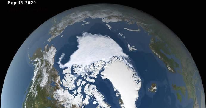In the Arctic Ocean, sea ice reached its minimum extent of 1.44 million square miles (3.74 million square kilometers) on Sept. 15—the second-lowest extent since modern record keeping began. (Image: NASA's Scientific Visualization Studio)