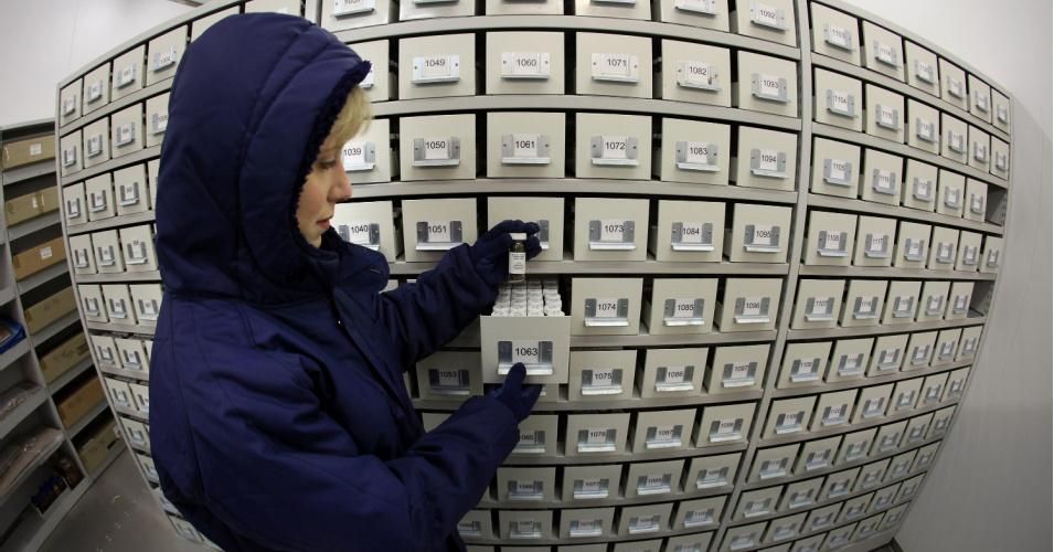 Sarah Gattiker stores the 24,200th species of seed in the vault at Kew's Millennium Seed Bank, which now holds 10% of the world's wild plant species, on October 15, 2009 in Sussex, England. (Photo: Oli Scarff/Getty Images)