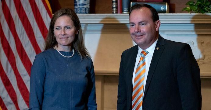 Supreme Court nominee Judge Amy Coney Barrett (L) meets with Sen. Mike Lee (R-Utah) at the U.S. Capitol in Washington, D.C. on September 29, 2020.