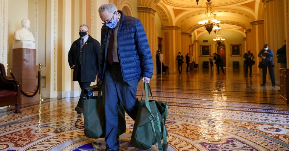 Senate Minority Leader Chuck Schumer (D-N.Y.) arrives on Capitol Hill on December 29, 2020 in Washington, D.C.