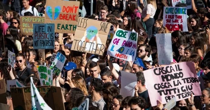 Students attend the Fridays for Future march in Rome to protest against the climate crisis on September 27, 2019.