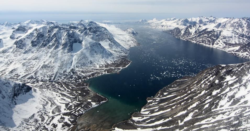 fjord is seen from the air in southwest Greenland