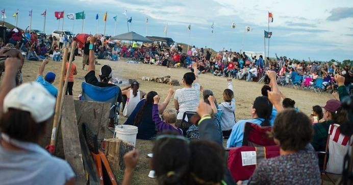 Water protectors gather at the Sacred Stones Camp near Cannon Ball, North Dakota. 