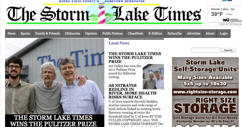 The homepage of the Storm Lake Times announcing the paper's Pulitzer Prize