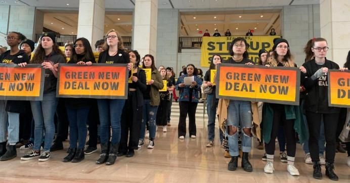 Over 150 middle and high school students demonstrated at the U.S. Capitol building Monday to urge senators to back the Green New Deal. (Photo credit: Sunrise Movement)