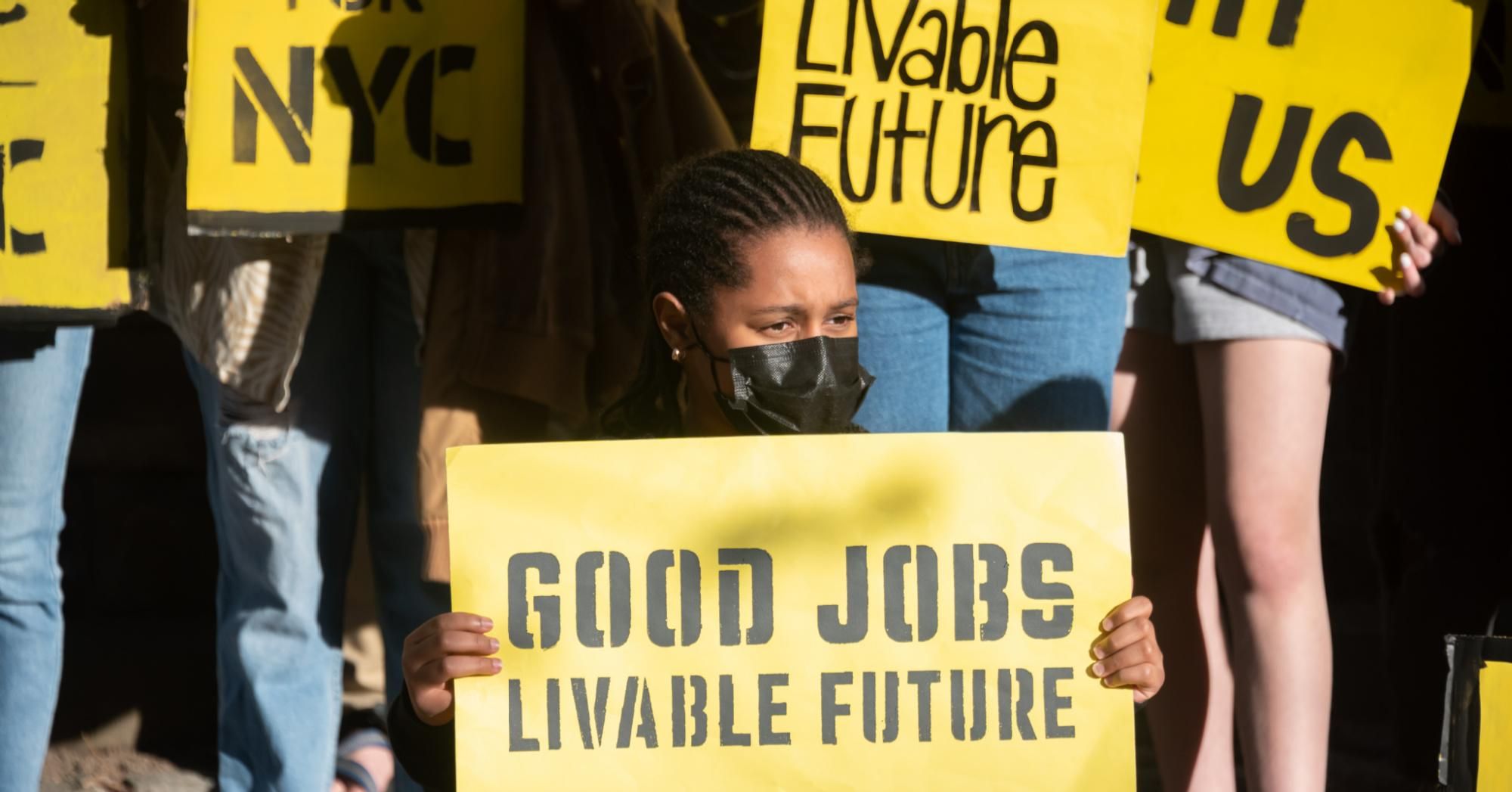 New Yorkers with Sunrise Movement take action In Brooklyn for an economic recovery and infrastructure package prioritizing climate, care, jobs, and justice, calling on Congress to pass the THRIVE Act on April 7, 2021. (Photo: Noam Galai via Getty Images for Green New Deal Network)