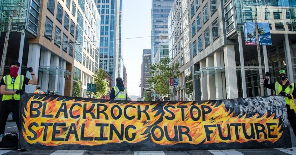 Activists gathered in San Francisco Thursday for a socially distanced protest targeting asset manager BlackRock.