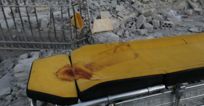 A picture taken on July 4, 2019 shows a blood-stained stretcher following a reported airstrike on a hospital in the village of Kafr Nabl, in the southern Idlib province. 