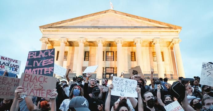 Protesters are seen marching upon the Tennessee State Capitol building on June 04, 2020 in Nashville, Tennessee.