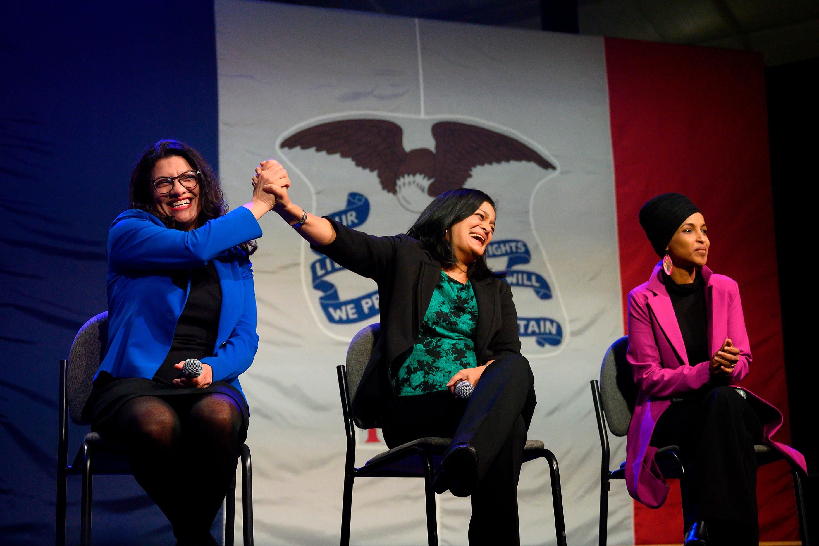 From left to right: Reps. Rashida Tlaib (D-Mich.), Pramila Jayapal (D-Wash.), and Ilhan Omar (D-Minn.) speak to supporters of then-Democratic presidential candidate Sen. Bernie Sanders (I-Vt.) at a campaign event in Clive, Iowa, on January 31, 2020. (Photo: Jim Watson/AFP via Getty Images)