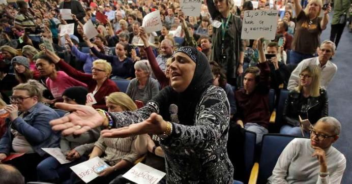 Noor Ul-Hasan was one of the many frustrated constituents who showed up for Rep. Jason Chaffetz's town hall meeting at Brighton High School, Thursday, Feb. 9, 2017, in Cottonwood Heights, Utah. (Photo: Rick Bowmer/AP) 