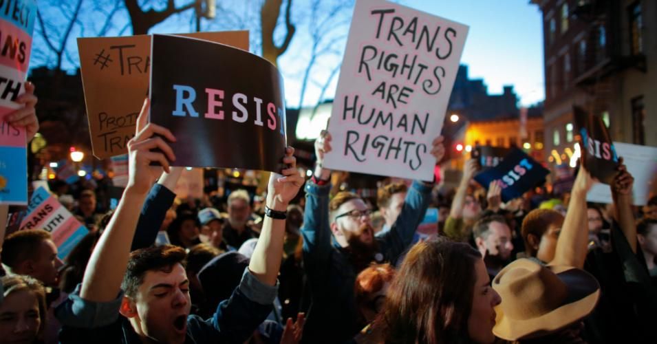 People take part in rally outside the Stonewall Inn, a landmark of the gay rights movement, on February 23, 2017 in the Greenwich Village area of New York City, demanding equal rights for transgender and gender non-conforming people. (Photo: Kena Betancur/AFP via Getty Images)