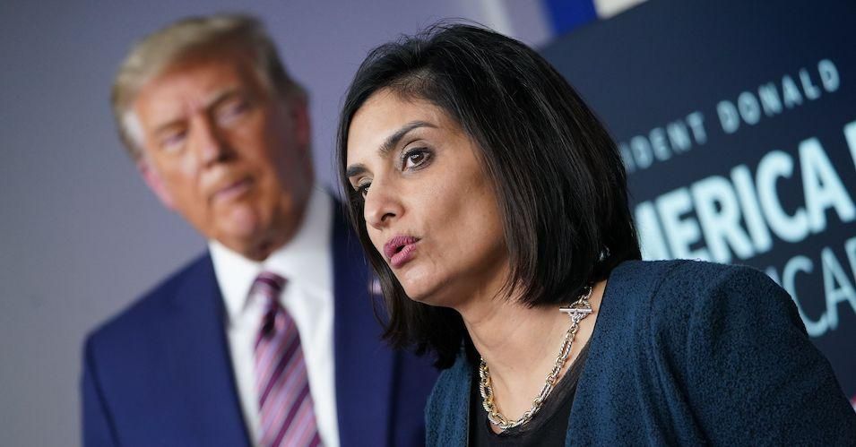 Seema Verma, administrator of the Centers for Medicare and Medicaid Services, speaks as President Donald Trump listens during an event on lowering prescription drug prices on November 20, 2020, in the Brady Briefing Room of the White House in Washington, D.C.