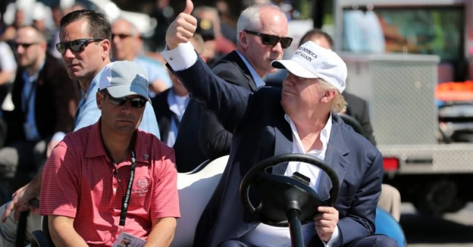 Republican presidential candidate Donald Trump makes an appearance prior to the start of play during the final round of the World Golf Championships-Cadillac Championship at Trump National Doral Blue Monster Course on March 6, 2016 in Doral, Florida.