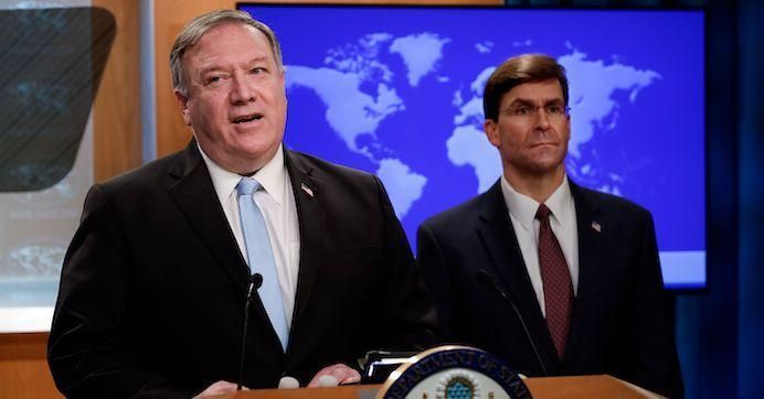 Secretary of State Mike Pompeo (R) holds a joint news conference on the International Criminal Court with Defense Secretary Mark Esper (R), at the State Department in Washington, DC, on June 11, 2020