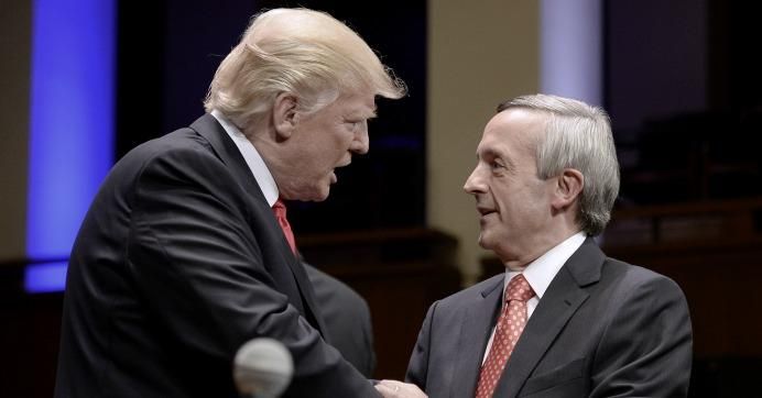 U.S. President Donald Trump is greeting by Pastor Robert Jeffress during the Celebrate Freedom Rally at the John F. Kennedy Center for the Performing Arts on July 1, 2017 in Washington, D.C. 