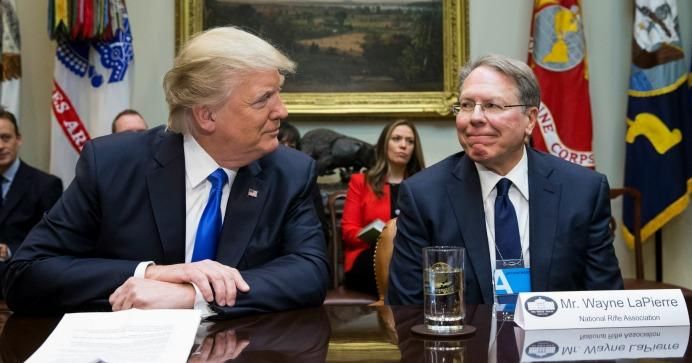 President Donald Trump (L) sits beside Executive Vice President and CEO of the National Rifle Association (NRA) Wayne LaPierre (R), during a meeting on Trump's Supreme Court nomination of Neil Gorsuch in the Roosevelt Room of the White House on February 1, 2017 in Washington, D.C. 