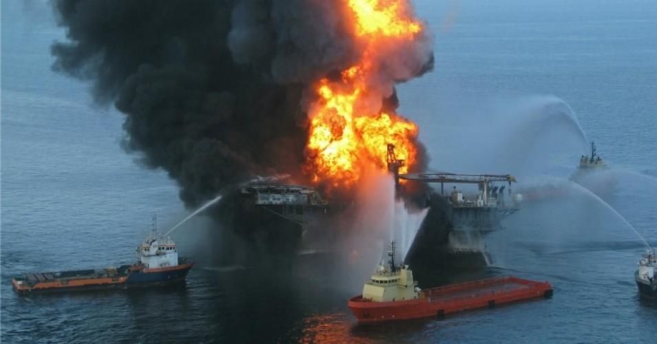 U.S. Coast Guard crews work to put out a fire during the Deepwater Horizon disaster in the Gulf of Mexico in 2010. 