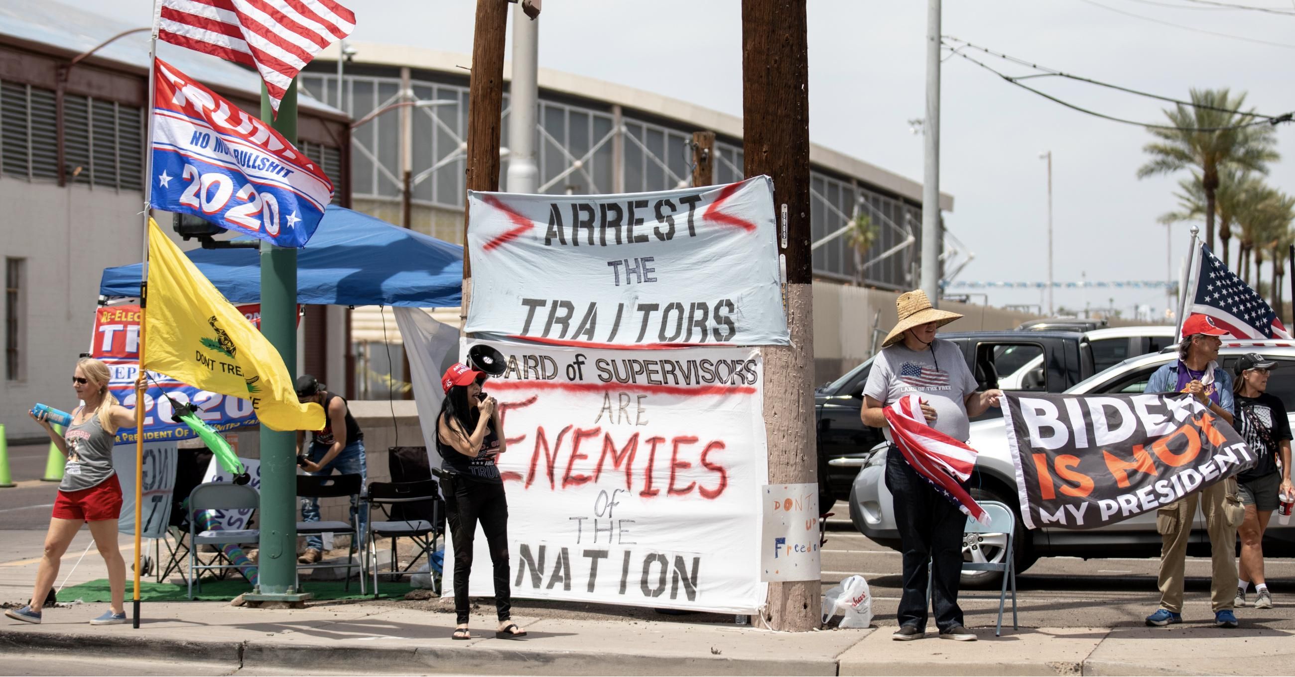 Protestors in support of former President Donald Trump gather outside Veterans Memorial Coliseum where ballots from the 2020 general election wait to be counted on May 1, 2021 in Phoenix. The Maricopa County ballot recount comes after two election audits found no evidence of widespread fraud in Arizona. (Photo: Courtney Pedroza/Getty Images)