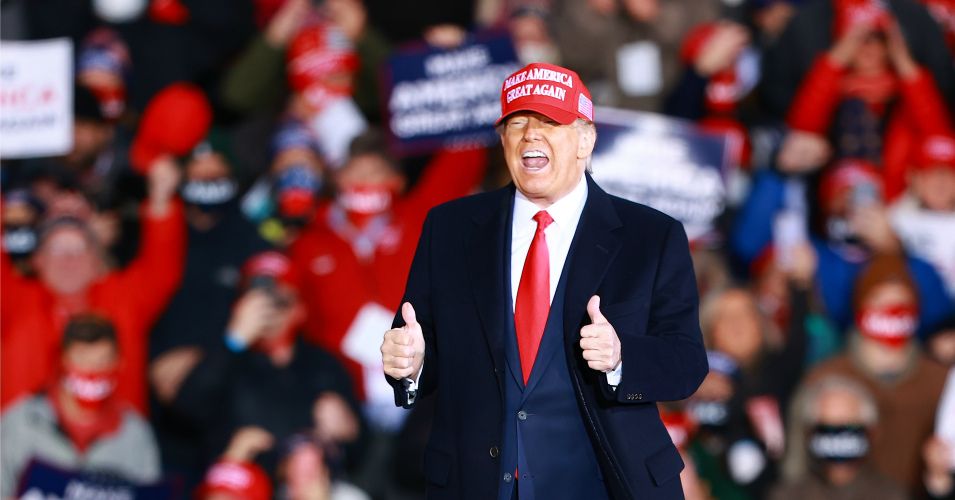 U.S. President Donald Trump gestures during a campaign rally on October 17, 2020 in Muskegon, Michigan. President Trump has ramped up his schedule of public events as he continues to campaign against Democratic presidential nominee Joe Biden ahead of the November election. (Photo: Rey Del Rio/Getty Images)