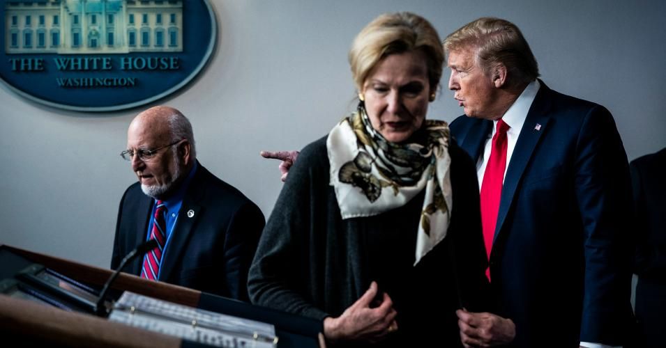 President Donald Trump speaks with Dr. Deborah Birx and Dr. Robert Redfield during a Covid-19 briefing on Wednesday, April 22, 2020 in Washington, DC. (Photo: Jabin Botsford/The Washington Post via Getty Images)