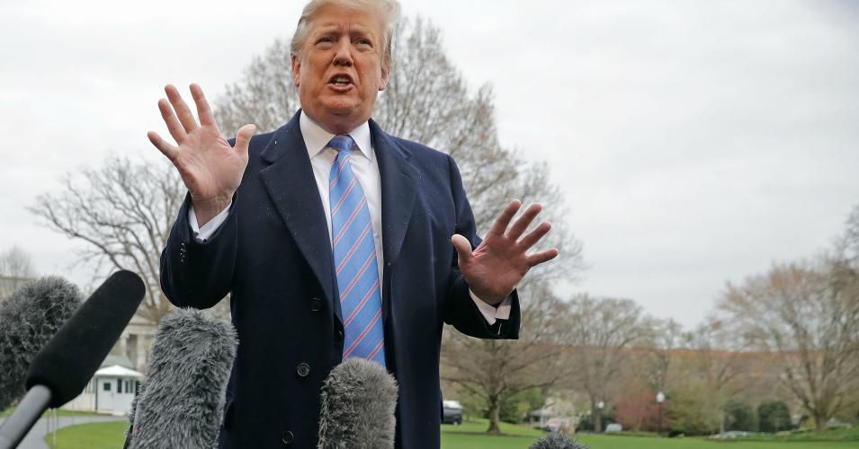 U.S. President Donald Trump talks to reporters as he leaves the White House April 05, 2019 in Washington, DC. Trump is traveling to Southern California to visit the U.S.-Mexico border and to Beverly Hills for a fundraiser. 
