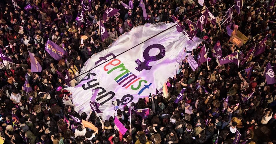 Thousands of people attempt to march down Istanbul's famous Istiklal street during a rally for International Women's Day on March 8, 2019.