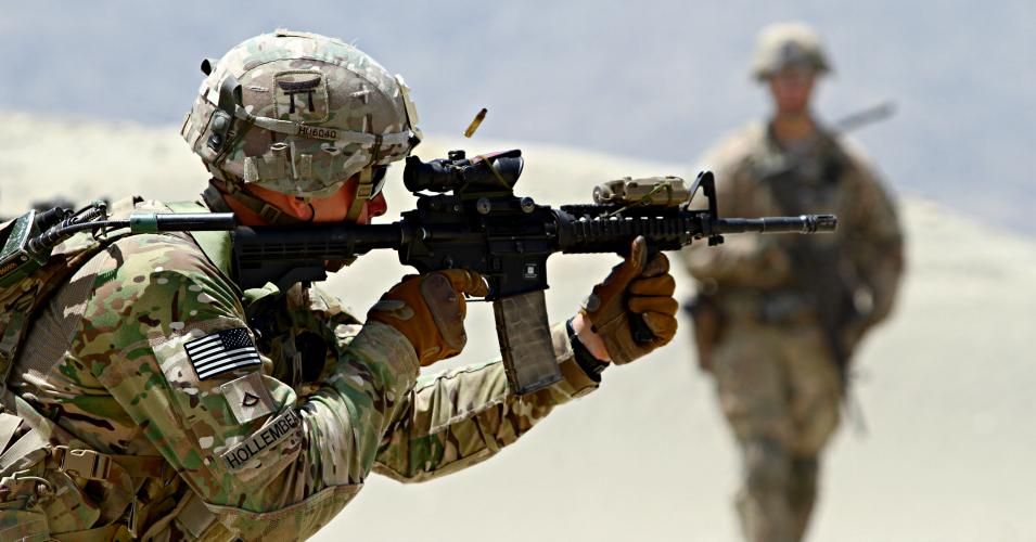 A U.S. Army soldier fires an M4 carbine rifle