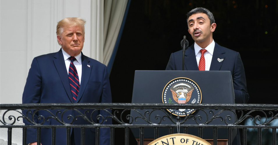 President Donald Trump watches as UAE Foreign Minister Abdullah bin Zayed Al-Nahyan speak on the South Lawn of the White House in Washington, D.C. on September 15, 2020.