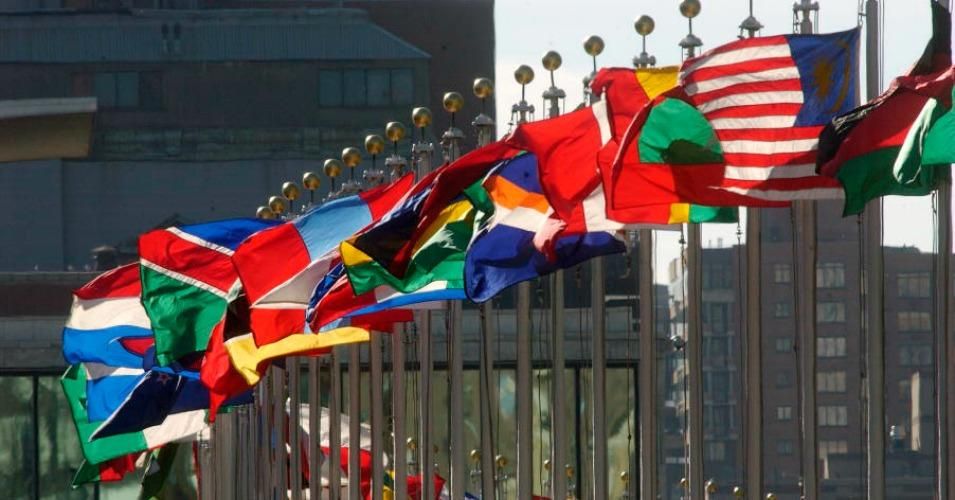 Flags in front of the United Nations' headquarters in New York.
