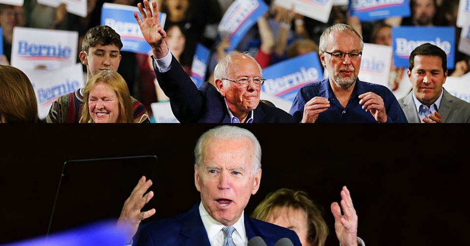 Collage. Vermont Senator Bernie Sanders, his wife Jane and his other family members arrive at a Super Tuesday Rally inside the Champlain Valley Exposition Center in Burlington, VT on March 3, 2020. Democratic presidential hopeful former Vice President Joe Biden addresses a Super Tuesday event in Los Angeles on March 3, 2020. (Sanders Photo: John Tlumacki/The Boston Globe/Getty Images | Biden Photo: Frederic J. Brown/AFP)