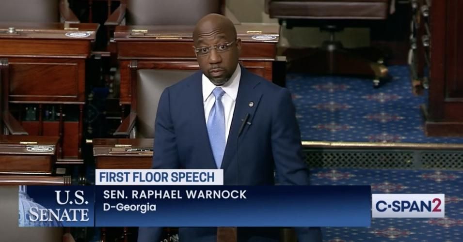 Sen. Raphael Warnock (D-Ga.) delivers his first speech on the Senate floor on Wednesday, March 17, 2021.