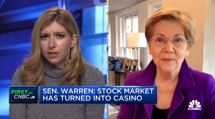 "You're telling me that they would forfeit their American citizenship if they had to... step up and pay a little more?" Sen. Elizabeth Warren (D-Mass.) asked on Thursday, January 28, 2021. "I'm just calling your bluff on that. That's not going to happen."(Photo: CNBC)