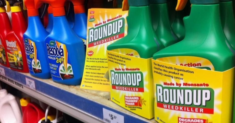 Monsanto's Roundup relabeled by activists from Global Justice Now, 28th April 2016. The main active ingredient is glyphosate. (Photo: Global Justice Now /Flickr/CC)