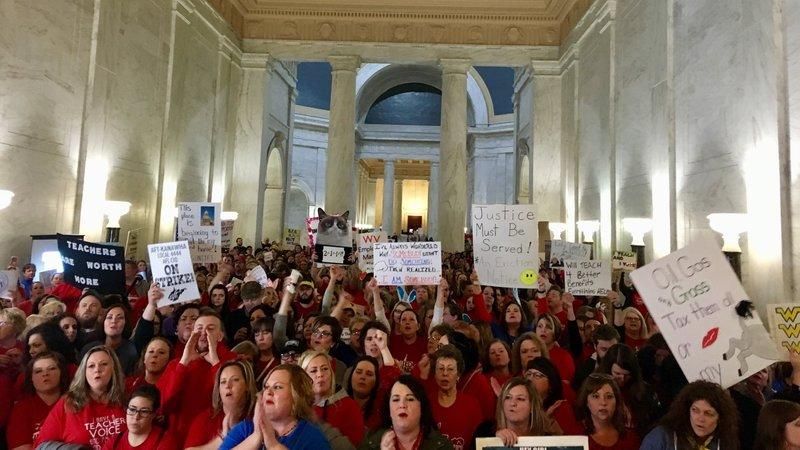  Thousands of teachers rallied at the state Capitol in Charleston, W.Va., last Thursday. (Photo: John Raby/AP)